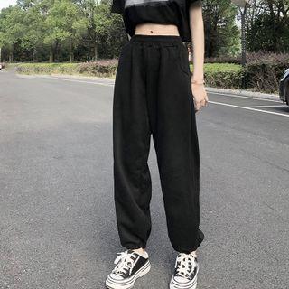 Plain Wide-leg Gathered Cuff Sweatpants