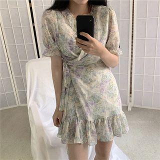 Short-sleeve Floral Ruffle Trim Mini A-line Dress