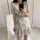 Short-sleeve Floral Ruffle Trim Mini A-line Dress