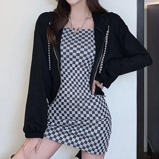 Set: Spaghetti Strap Checker Mini Sheath Dress + Zip-up Hoodie