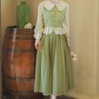 Set: Long-sleeve Floral Embroidered Blouse + Pleated Midi A-line Skirt