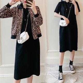 Set: Midi Hoodie Dress + Leopard Print Bomber Jacket