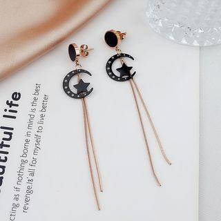 Stainless Steel Moon & Star Fringed Earring E9617 - One Size