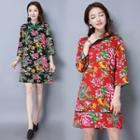 Floral Print Linen Cotton Elbow-sleeve Short Cheongsam