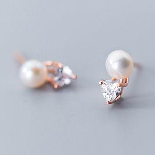 925 Sterling Silver Faux Pearl Rhinestone Stud Earring