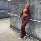 Set: V-neck Cropped T-shirt + Boot-cut Pants
