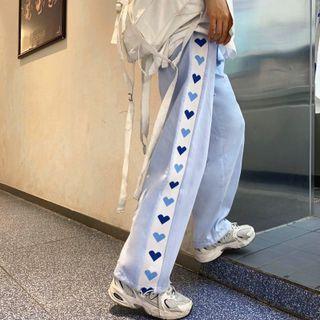 Heart Print Straight Leg Pants Light Blue - One Size