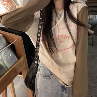 Long-sleeve Heart Print Raglan T-shirt Brown & White - One Size