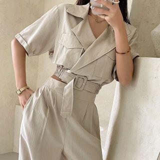 Set: Buckled Waist Jacket + Linen Blend Pants