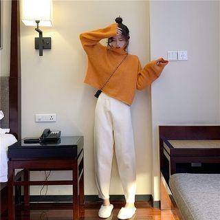 Plain Turtle-neck Loose-fit Long-sleeve Sweater / Plain High-waist Loose-fit Pants