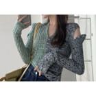 Two-tone Cold-shoulder Cardigan Grayish Green - One Size