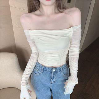 Off-shoulder Shirred Mesh Top Yellow - One Size