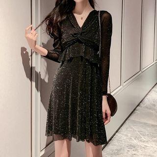 Long-sleeve Knotted Frill Trim Glitter A-line Mini Dress
