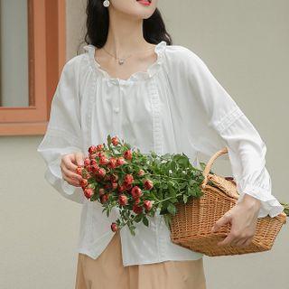 Ruffle Trim Embroidered Blouse White - One Size