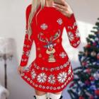 Long-sleeve Reindeer Print Mini A-line Dress