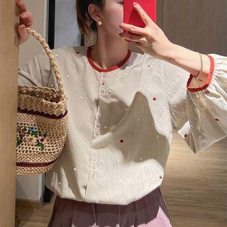 Round-neck Color Block Cotton Linen Polka Dot Shirt
