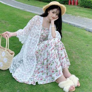 Floral Print Sleeveless Dress/ Lace Panel Sheer Cardigan