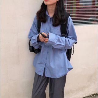 Plain Loose-fit Blouse Blue - One Size