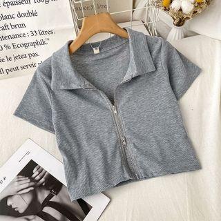 Short-sleeve Zipped Collared T-shirt Gray - One Size