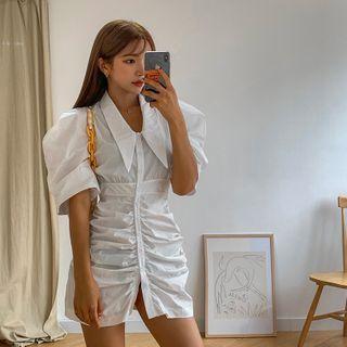 Chelsea-collar Puff-sleeve Shirred Minidress White - One Size