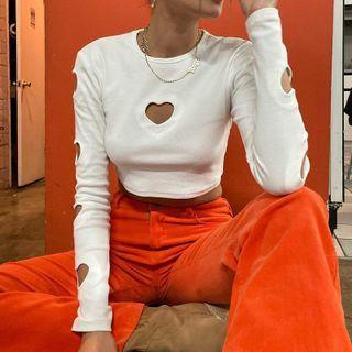 Long Sleeve Heart Cut-out Crop Top