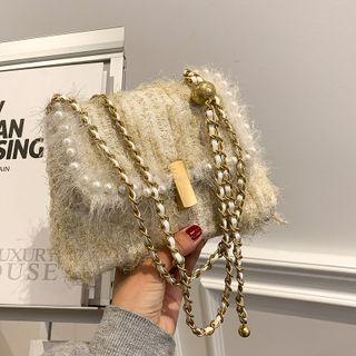 Fluffy Faux Pearl Flap Crossbody Bag
