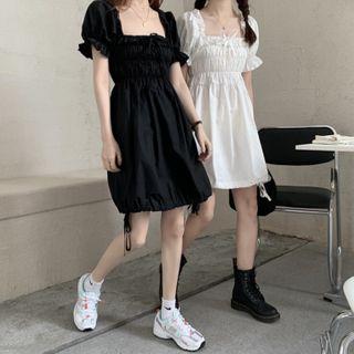 Puff-sleeve Ruched Mini A-line Dress