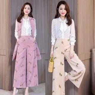 Plaid Blazer / Wide-leg Pants / Floral Embroidered Long Vest / Set