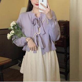 Puff-sleeve A-line Dress / Bow Cardigan / Set