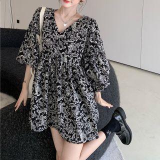 V-neck Puff Sleeve Paisley Print A-line Mini Dress Black - One Size