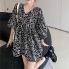 V-neck Puff Sleeve Paisley Print A-line Mini Dress Black - One Size