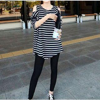 Long-sleeve Cutaway-shoulder Striped Top