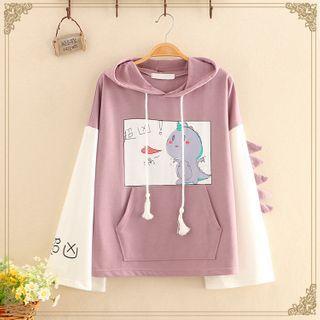 Color-block Sleeve Dinosaur Print Hoodie