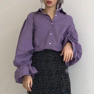 Balloon-sleeve Blouse Purple - One Size