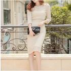 Elbow-sleeve Midi Knit Perforated Dress