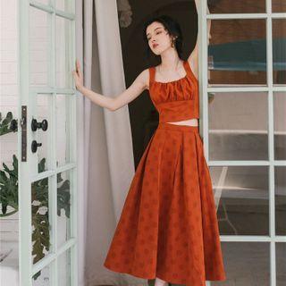 Set: Shirred Floral Print Camisole Top + Midi A-line Skirt