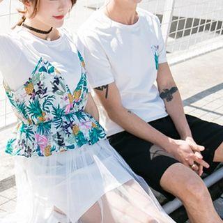 Women Set: Short-sleeve T-shirt Dress + Print Panel Mesh Dress / Men Set: T-shirt + Shorts