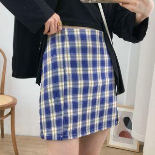 Slit Plaid Mini Skirt