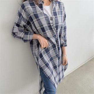 Slit-side Plaid Long Shirt