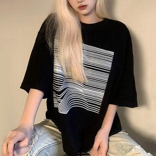 Elbow-sleeve Striped T-shirt Black - One Size