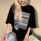 Elbow-sleeve Striped T-shirt Black - One Size