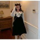 Ruffled Chiffon Blouse / Velvet Overall Dress