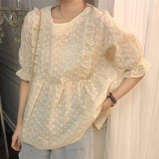 Ruffle Trim Embroidered Elbow-sleeve Top