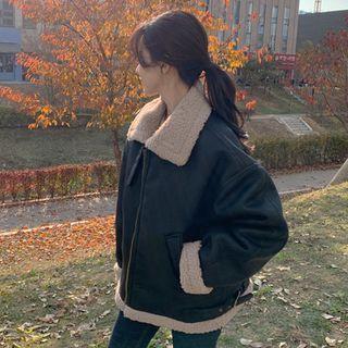 Buckled-neck Faux-shearling Zip-up Jacket