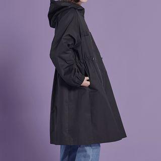 Lettering Embroidered Zip Hooded Trench Coat