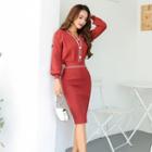 Set: Piped Long-sleeve Knit Top + Midi Skirt
