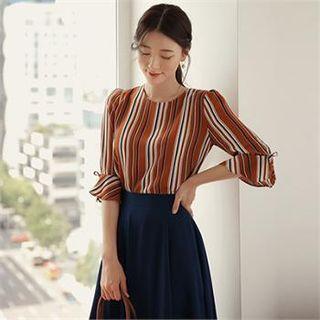 Beribboned Bell-sleeve Stripe Top