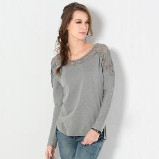 Long-sleeve Crochet-panel T-shirt Gray - One Size