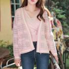 Open-front Piped Plaid Cardigan
