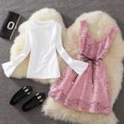Set: Plain Long Sleeve T-shirt + Lace A-line Dress